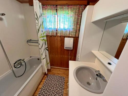 a small bathroom with a sink and a shower at Pré Vert in Durbuy