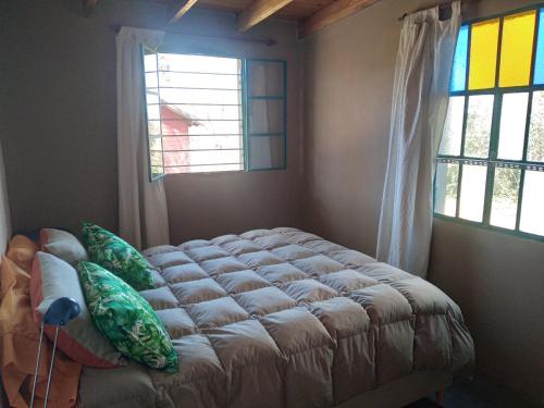 a bed in a room with two windows at Cabaña Acacia Mansa 2 in Villa Giardino
