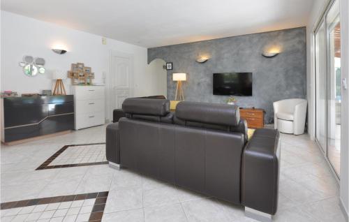 un salon avec un canapé noir et une télévision dans l'établissement Nice Home In Saint-Cézaire-Sur-Siagne, à Saint-Cézaire-sur-Siagne