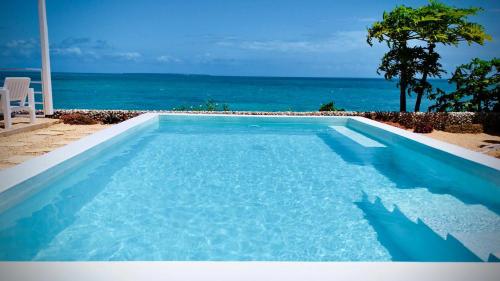 a blue swimming pool with the ocean in the background at Villa Azurina in Fumba