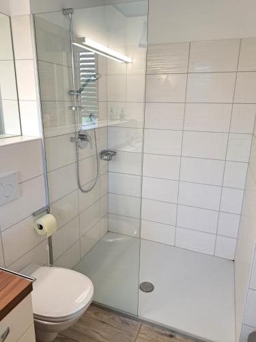 a bathroom with a shower and a toilet at Ferienwohnungen Oliver Bayer in Bad Schallerbach