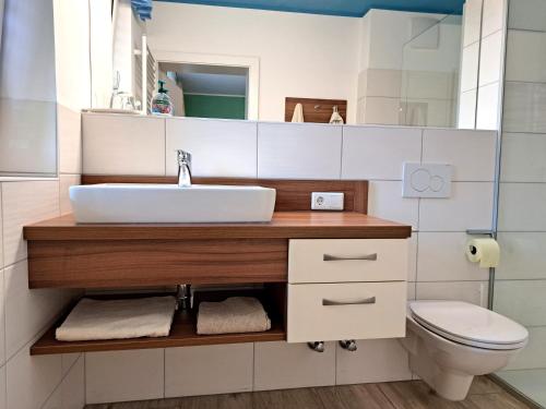a bathroom with a sink and a toilet at Ferienwohnungen Oliver Bayer in Bad Schallerbach