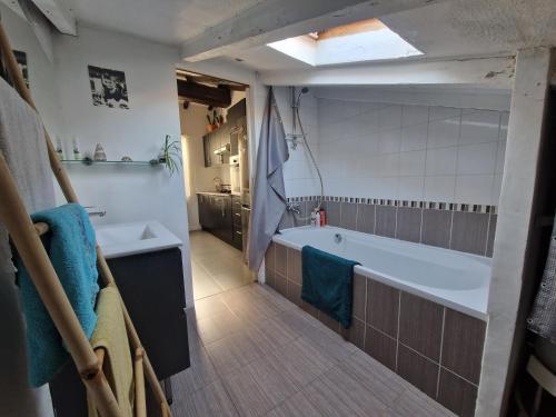 une grande salle de bain avec une baignoire et un lavabo dans l'établissement Atypique appart plein centre, à Nice