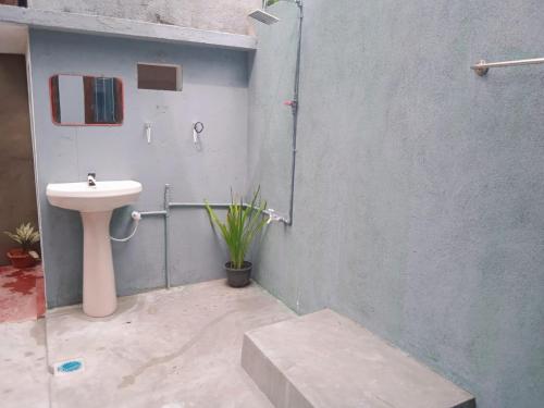 a bathroom with a toilet and a shower and a sink at Ocean View Guest House in Ahangama