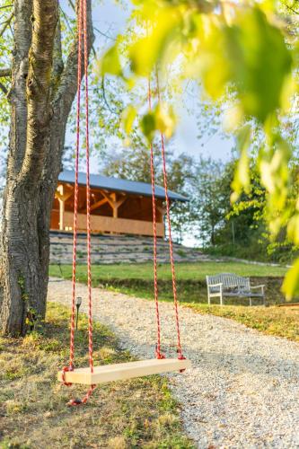 a swing in a park next to a tree at Penzion U Přehrady in Luhačovice