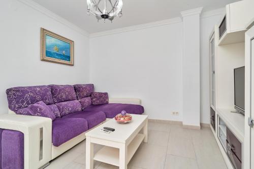 un soggiorno con un divano viola e una TV di Apartamento Lola 2 a Nerja