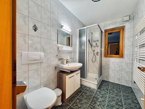 a bathroom with a toilet and a sink and a shower at Appartement Davis-Birkl in Sankt Anton am Arlberg