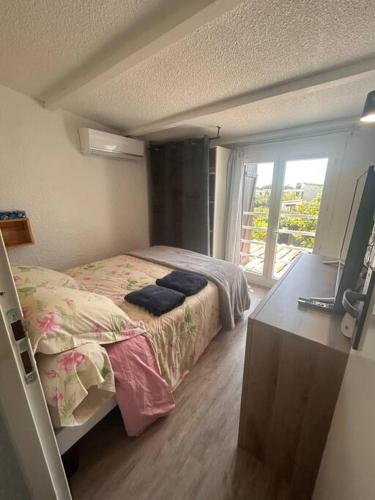 une chambre avec un lit et un bureau avec une télévision dans l'établissement Maison bord de mer, à Poggio-Mezzana
