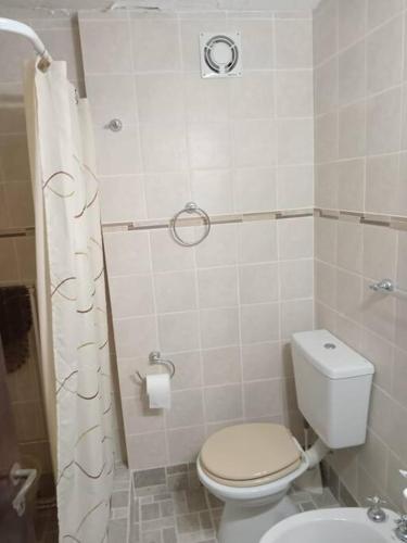 a small bathroom with a toilet and a sink at Mar de Ana, Frente al mar, interno a una cuadra del centro in San Bernardo