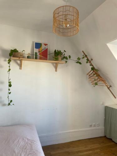 une chambre avec une étagère sur le mur dans l'établissement Petit appartement parisien, à Paris