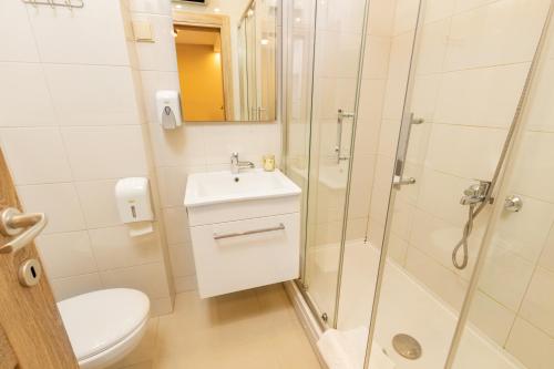 a bathroom with a shower and a toilet and a sink at Apart hotel M S KATUNJANIN in Herceg-Novi