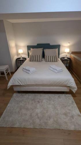 a bedroom with a large bed with two pillows at L'Atelier d'Henri centre-ville Annonay in Annonay