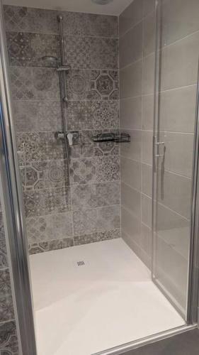 une douche avec une porte vitrée dans une salle de bain dans l'établissement L'Atelier d'Henri centre-ville Annonay, à Annonay