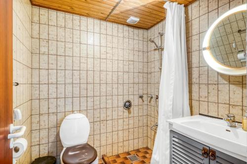 ThyholmにあるLarge Holiday Home With A View Of The Fjordのトイレ、洗面台、シャワー付きのバスルーム