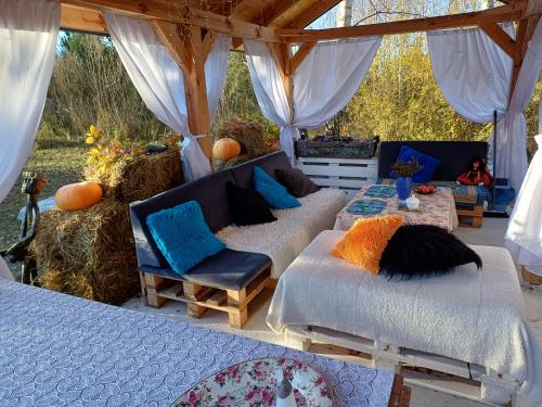 a living room with two beds and a couch at Domek w lesie in Łopuszno