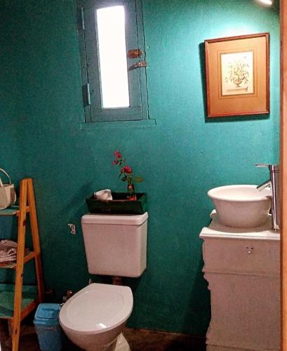 a green bathroom with a toilet and a sink at Cabaña Acacia Mansa 2 in Villa Giardino