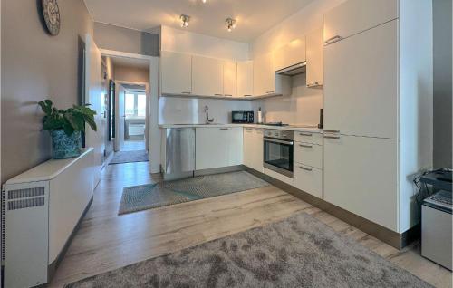 a kitchen with white cabinets and a rug at 1 Bedroom Nice Apartment In Oostende in Ostend