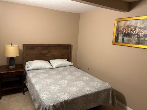 a bedroom with a bed and a picture on the wall at Main River Retreat hot tub, canoe with trolling motor in Spring Hill
