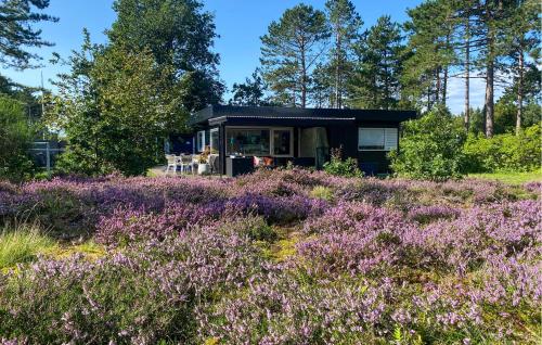 a black tiny house in a field of purple flowers at Awesome Home In Asnæs With Wifi in Asnæs