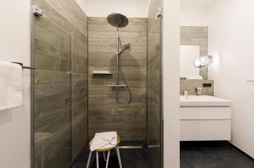 un bagno con doccia e lavandino di Modernes Ferienapartment Ostseemöwe mit Westbalkon a Wustrow