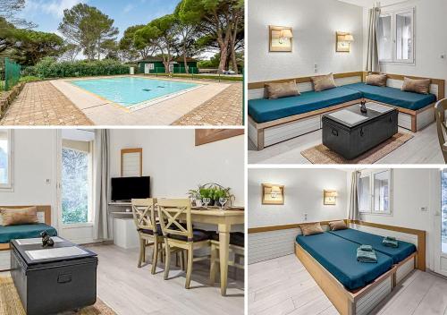un collage de photos d'une chambre avec piscine dans l'établissement Résidence Ensoleillée avec Piscine, à Saint-Raphaël