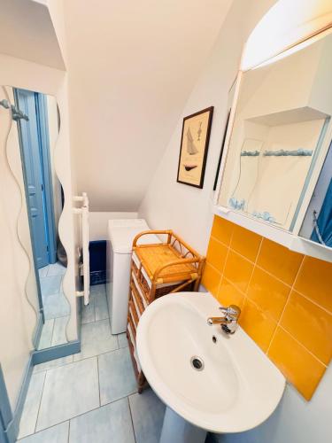 une salle de bain avec un lavabo et un miroir dans l'établissement Demeure François de l'Isle du Fief - Charme unique, à La Barre-de-Monts