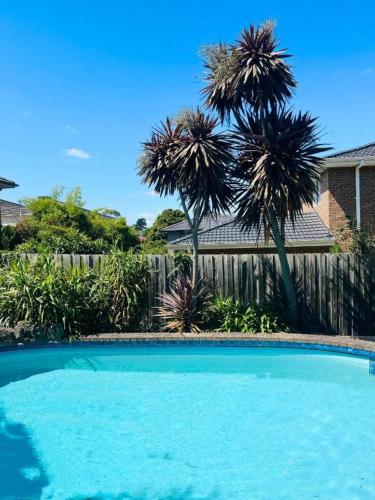 a swimming pool in front of a fence with palm trees at Villa pool garden in Melbourne