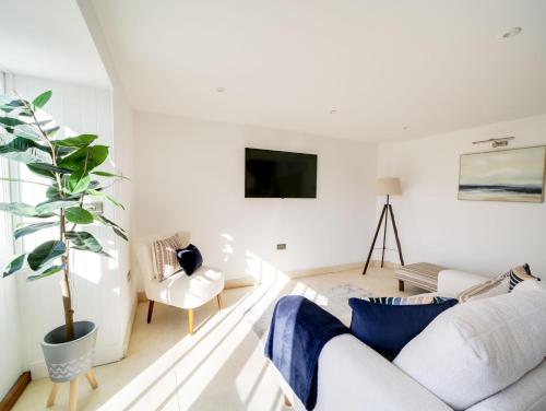 a living room with a white couch and a plant at Starfish Cottage in Charlestown