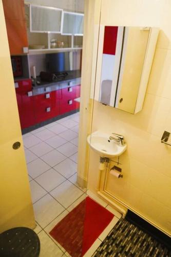 une salle de bain avec un lavabo et un miroir dans l'établissement l'Azur 4 Pers Clim Parking Accès plage direct, au Barcarès