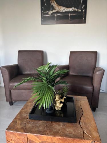 a living room with a couch and a coffee table at vakantiehuisje DE WEELEN met Jacuzzi Huwelijks topkeuze! in Lutjebroek