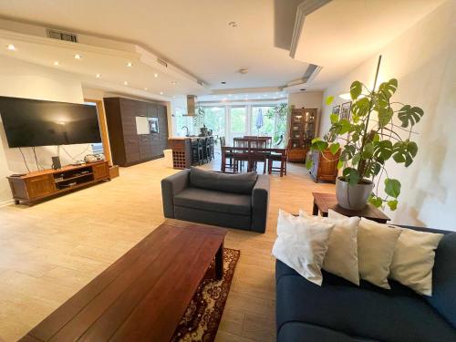 a living room with two blue couches and a tv at Große & voll ausgestattete Apartments, Studios, Doppelzimmer, Workspace, Parkplatz, Netflix, Prime & schnelles Wifi in ruhiger Lage mit Garten in Rudolstadt
