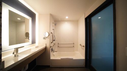 a bathroom with a sink and a tub and a mirror at DoubleTree by Hilton Long Island City, NY in Long Island City