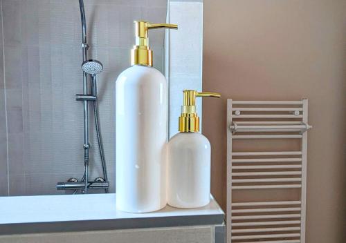 - deux bouteilles blanches assises sur un comptoir dans une salle de bains dans l'établissement Solen Évasion - Calypso - Vacances en Vendée, à Aizenay