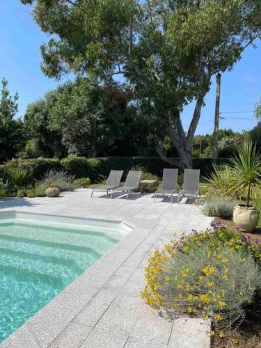un groupe de chaises assises à côté d'une piscine dans l'établissement Location à Porto Vecchio, à Porto-Vecchio