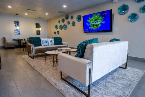 a waiting room with couches and a tv on a wall at Euro-Suites Hotel in Morgantown