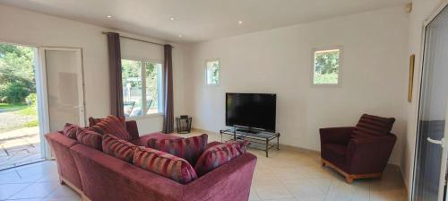 un salon avec deux canapés et une télévision à écran plat dans l'établissement Charming house with private pool, à Saint-Raphaël
