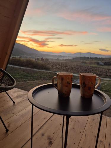 two coffee mugs sitting on a table in front of a window at Sunflower House Radoinja in Nova Varoš