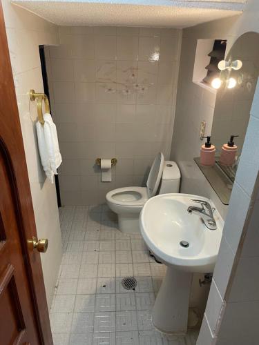 a small bathroom with a toilet and a sink at Casa Don Pedro in Apozol