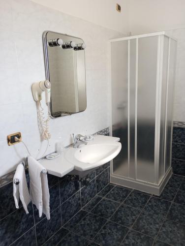 a bathroom with a sink and a shower at Regina Hotel Pollino in Morano Calabro