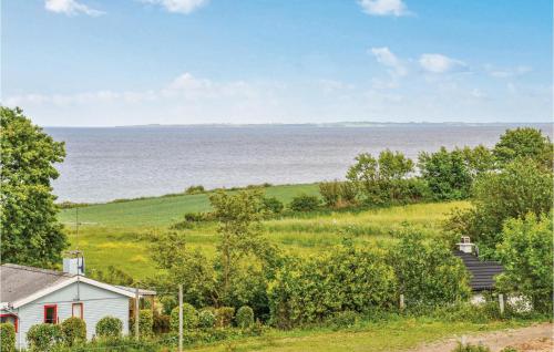 a house in a field with the ocean in the background at Holiday Home Harbokobbel in Asserballeskov