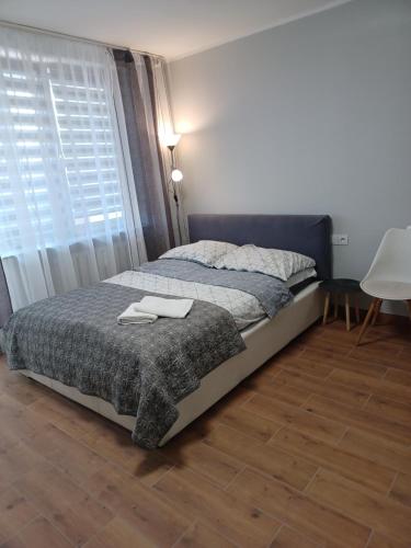 sypialnia z łóżkiem i oknem w obiekcie APARTAMENTY CENTRUM PAŁACOWA w mieście Białystok