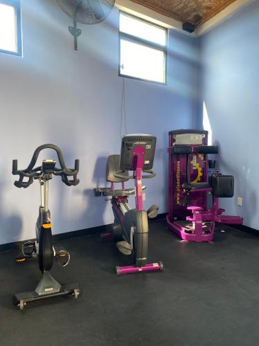 a gym with three exercise bikes and a treadmill at Castillo De La Santa Cruz-A in Guanajuato