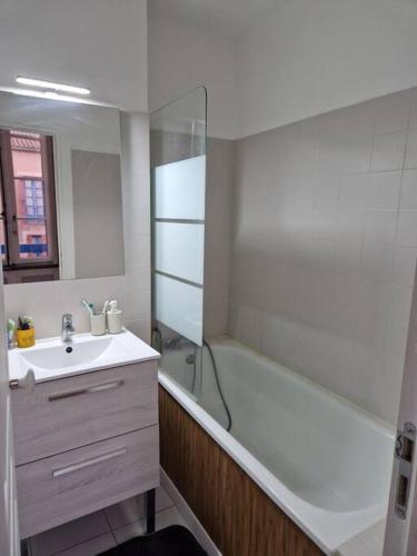 une salle de bain avec une baignoire, un lavabo et une douche dans l'établissement Appartement cosy hypercentre, à Narbonne