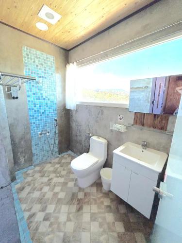 a bathroom with a toilet and a sink and a shower at 巴斯拉岸民宿 in Chenggong