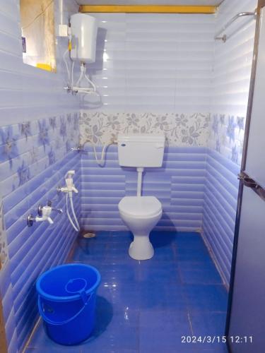 a bathroom with a toilet in a blue room at Happy Cottages in Velas