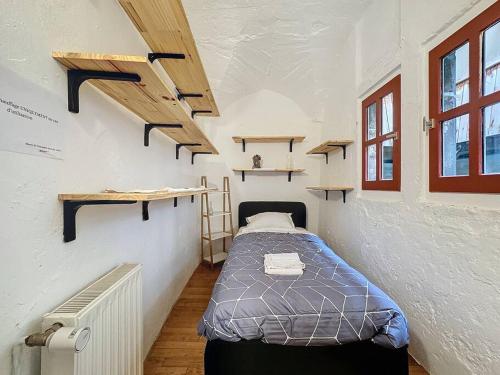 クレルモン・フェランにあるCharmant appartement Montferrand 5 persの棚付きの部屋にベッド1台が備わるベッドルーム1室
