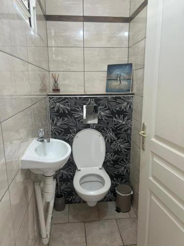 a bathroom with a toilet and a sink at F2 de charme Les Abymes in Les Abymes