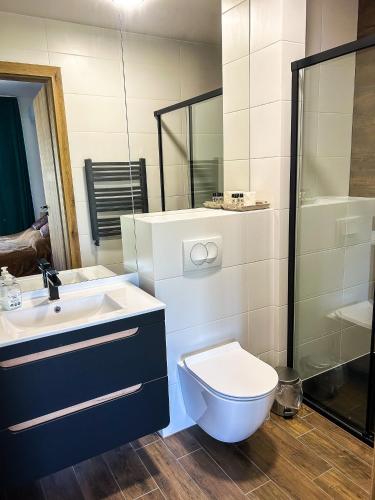 a bathroom with a toilet and a sink at Aquarius Stawy 4 in Grodzisk Mazowiecki