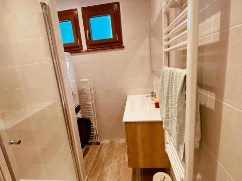 une salle de bain avec un lavabo et une douche dans l'établissement Appartement rénové proche pistes avec terrasse et parking, 3 ch, 8 pers - FR-1-459-185, à La Clusaz