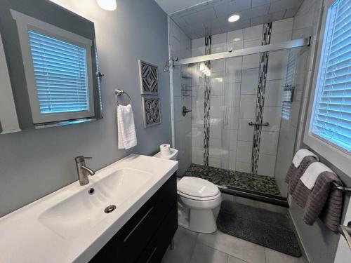 a bathroom with a sink and a toilet and a shower at Urban Retreat Downtown Gem Walk Everywhere Train View Mountain View Near National Park Entrance in Bryson City